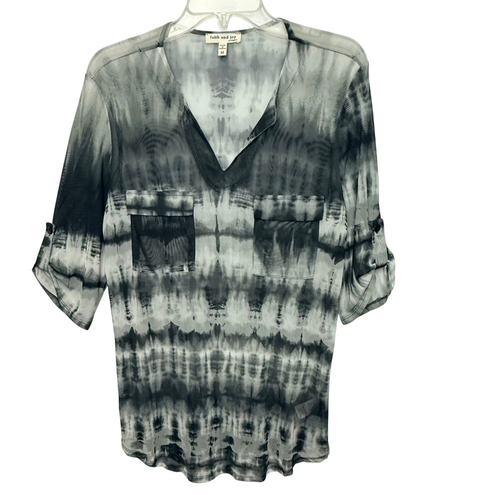 Faith and Joy Blouse Women M Grey Tie Dye Roll Tab Mesh Top Whimsigoth Festival